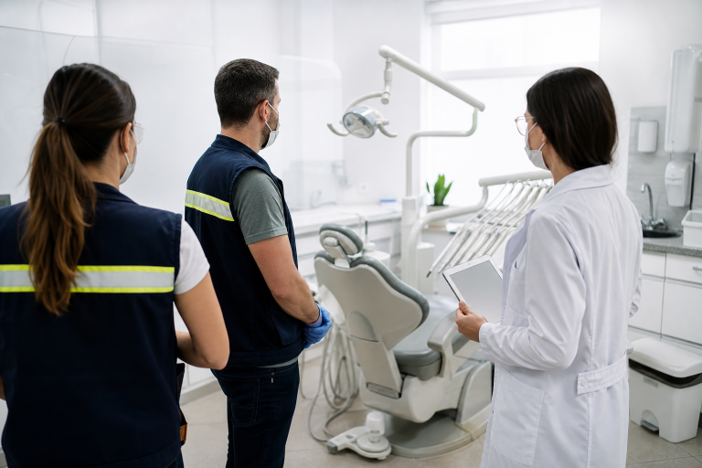 Anvisa cria roteiro nacional para fiscalizar serviços odontológicos com base em riscos Profissionais realizam inspeção sanitária em ambiente de atendimento odontológico.